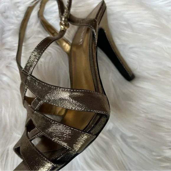 Nine West Shiny Gold Strappy Open Toe Sling Back Pump Heels - Picture 6 of 7